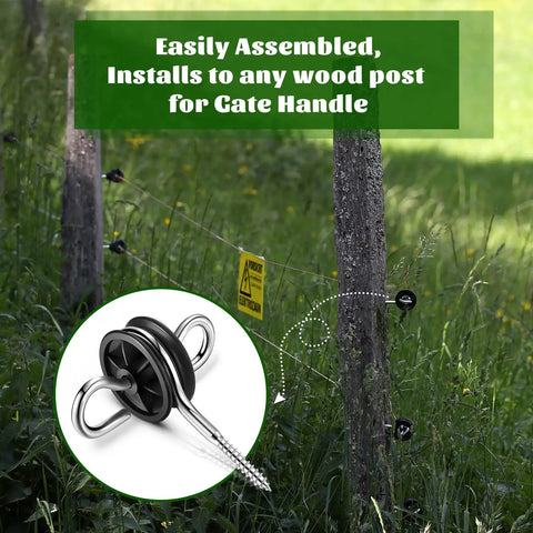 12 Pack Black Electric Fence Insulators with Screws and Post Anchors installed on wooden post