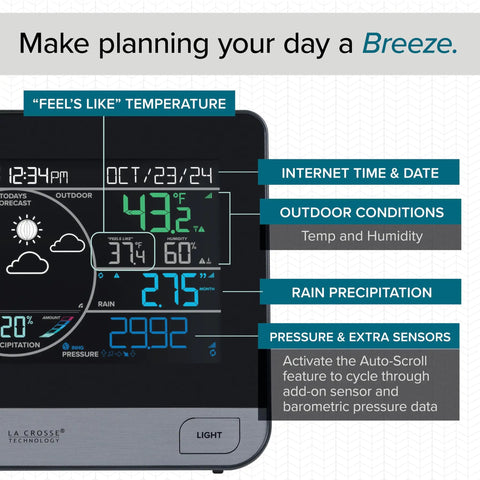 WiFi Pro Weather Station With Indoor And Outdoor Sensors displaying time, temperature, humidity, and rain tracking on screen