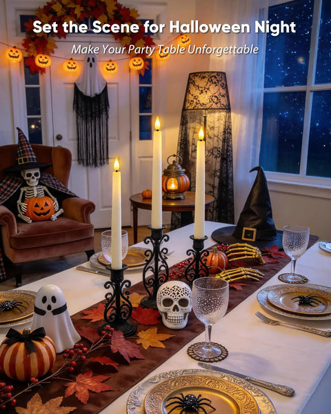Halloween-themed dinner setup with Green Striped Flameless Taper Candles With Remote Timer, 6 Pack, 9.6 Inch Real Wax Battery Operated.