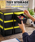 6 Piece Stackable Mini Storage Bins With Bright Yellow Lids And Sturdy Black Rack Compact Plastic Containers No Hassle Totes For Beads Makeup Desk Organization with small desk gadgets.