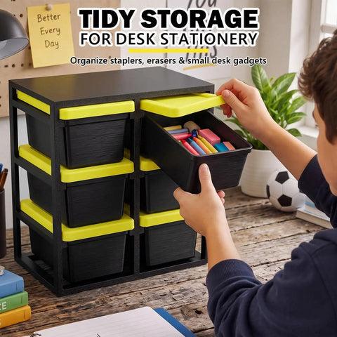 6 Piece Stackable Mini Storage Bins With Bright Yellow Lids And Sturdy Black Rack Compact Plastic Containers No Hassle Totes For Beads Makeup Desk Organization with small desk gadgets.