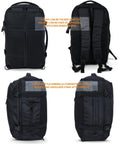 Underseat Go To Carry On Backpack Fits United Airlines 17x10x9 Inches 25L Max Capacity Black Travel Bag For Men And Women Durable Lightweight Luggage For Air Travel With Easy Access Pockets, showing front, back, and side views with adjustable straps and compartments.