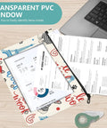 Striped French Bulldog zippered coupon organizer with transparent window, binder case, three grommet holes, bulldog theme.