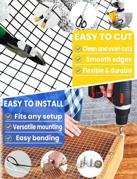 Black Vinyl Coated Wire Mesh Hardware Cloth One Half Inch Mesh 24 Inch Wide By 100 Foot Long Welded Wire Fence Netting Nineteen Gauge Perfect For Chicken Coops Cages And Garden Projects Easy Install showing cutting and installation features.