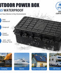 Built Different Heavy Duty IP65 Waterproof Outlet Box with Six Entry Ports, black, shown with water splashes for outdoor use.