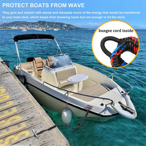 Badass Boat Bungee Dock Lines For Quick Mooring And Wave Blocking securing a boat with elastic ropes at the dock in clear water.