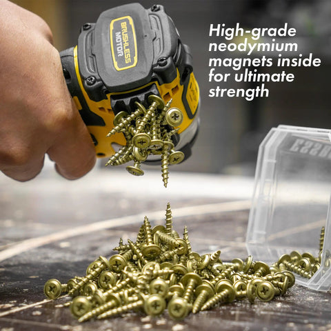 Magnetic Bit Holder For Impact Drivers And Drills, Durable Silicone Sleeve, shows screws held by strong magnets
