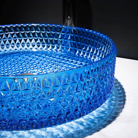 USZWBY Bathroom Vessel Sink Vanity Glass Vessel Bowl Sink Cylindrical Countertop Sink Bowl Above Counter Sink Art Basin in blue glass.