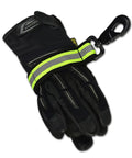 Heavy Duty Firefighter Glove Strap For Turnout Gear With Reflective Trim Extra Wide Ballistic Nylon Webbing Lime Silver Reflective Tape On Both Sides Rugged Snap Hook And Hook And Loop Closure That Extends Four Inches For Grab And Go Glove Fit securing black gloves