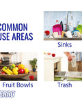 Indoor Fruit Fly Trap Kit With Built In Window Ready To Use shown near sinks, fruit bowls, and trash can in kitchen or home.