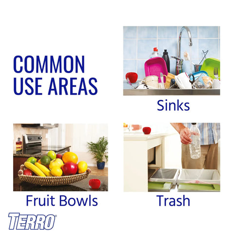 Indoor Fruit Fly Trap Kit With Built In Window Ready To Use shown near sinks, fruit bowls, and trash can in kitchen or home.