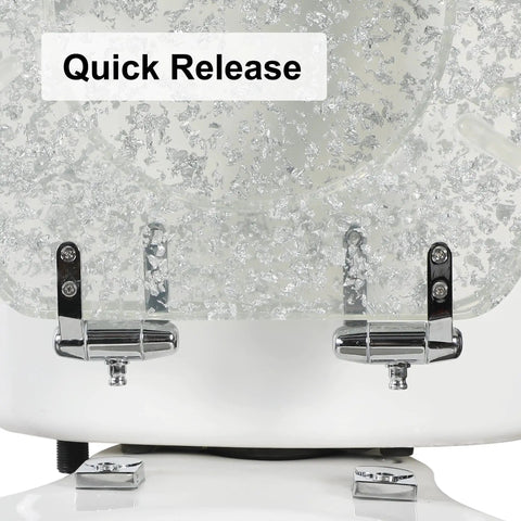 Resin Round Toilet Seat With Soft Close And Quick Release Heavy Duty Acrylic Glitter Cover Silver Foil Finish 17 Inch hinges