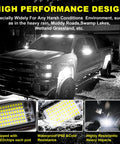Four Pod Rock Lights With 72 LEDs 72W High Power Pure White Underglow for Trucks in use at night, highlighting IP68 waterproof feature.