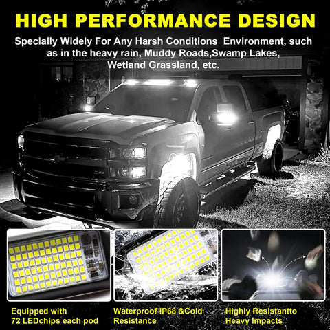 Four Pod Rock Lights With 72 LEDs 72W High Power Pure White Underglow for Trucks in use at night, highlighting IP68 waterproof feature.