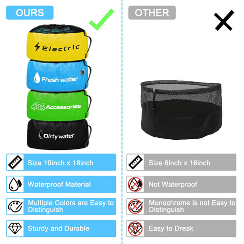 RV Storage And Organization Bags 4 Pack Black Blue Yellow Green Waterproof Organizer For Sewer Hoses Fresh And Waste Water Hoses And Electrical Cords Must Have Camper Gear To Keep Your Ride Tidy And Ready For Adventures