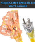 150 Ft 12/3 SJTW Yellow Outdoor Extension Cord with nickel-coated brass blades for corrosion resistance and power indicator light