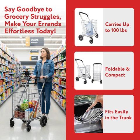 Woman using Foldable Shopping Cart With Wheels And Brake System, Heavy Duty Collapsible Utility Cart for Groceries and Laundry