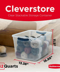 Clear 32 Qt Stackable Storage Bins With Lids 6 Pack shown filled with yarn, measuring 13.38" x 16.88" x 11.5"