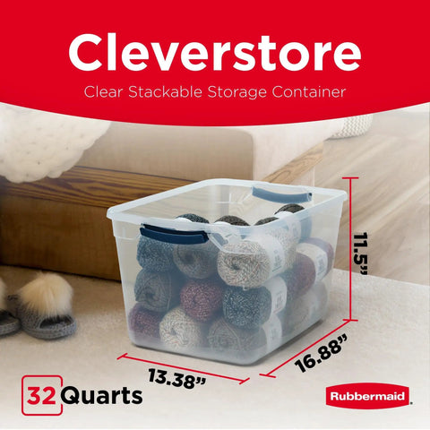 Clear 32 Qt Stackable Storage Bins With Lids 6 Pack shown filled with yarn, measuring 13.38" x 16.88" x 11.5"