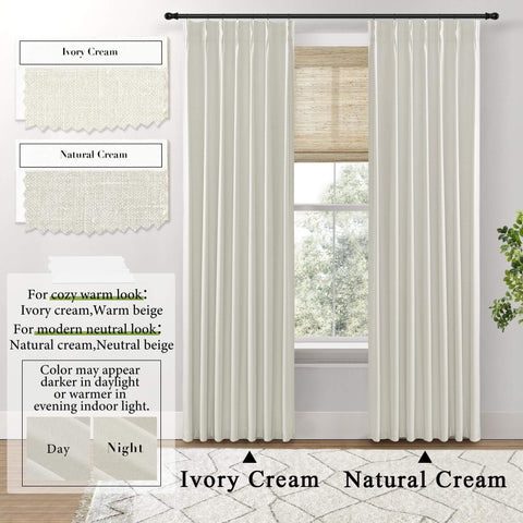 Cream Blackout Curtains With Matte Polished Finish And Pinch Pleat Linen Texture For Bedroom Floor To Ceiling Fit On Windows Or Track System With Hooks 96 Inch Long Two Panel Set Installed On Window