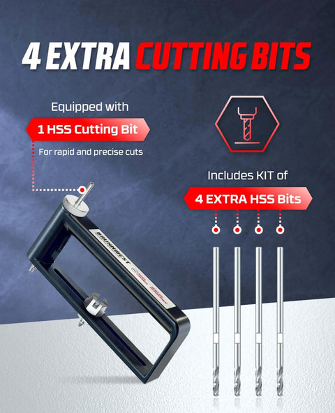 BRUNNWEST adjustable sheet metal hole cutter with 4 extra HSS bits; 2–12 in holes in 24ga steel and 26ga stainless
