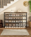 Heavy Duty Five Tier Shoe Rack Organizer With Thick Wooden Shelves And Steel Frame For Closet And Entryway Clutter Busting Storage Holds Up To Thirty Pairs In Top Notch Style, showing organized shoes and storage.
