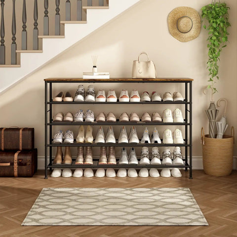 Heavy Duty Five Tier Shoe Rack Organizer With Thick Wooden Shelves And Steel Frame For Closet And Entryway Clutter Busting Storage Holds Up To Thirty Pairs In Top Notch Style, showing organized shoes and storage.