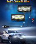 7 Inch LED Light Bar 240W 24,000LM Offroad Beast Fog Driving Lights Pods Spot Flood Combo Beam for Truck Boat UTV ATV 2 Pack With 2 Leads Wiring Harness Kit showing installation on off-road vehicle