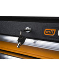 Close-up of lock and key on 36 Inch 5 Drawer GSX Series Tool Chest With Trigger Lock System Aluminum Drawer Pulls Auto Return Sliding Drawers