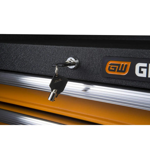Close-up of lock and key on 36 Inch 5 Drawer GSX Series Tool Chest With Trigger Lock System Aluminum Drawer Pulls Auto Return Sliding Drawers