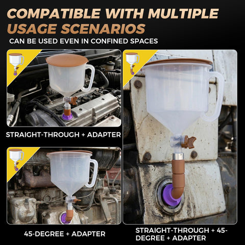 17 Piece Engine Oil Funnel Kit With 2.12 Quart Capacity And 2 Liter Option, 12 Color Coded Adapters With Rubber Gaskets in use
