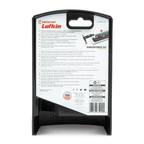 Auto Lock Tape Measure With 25 Foot Reach packaging showing product details and features.
