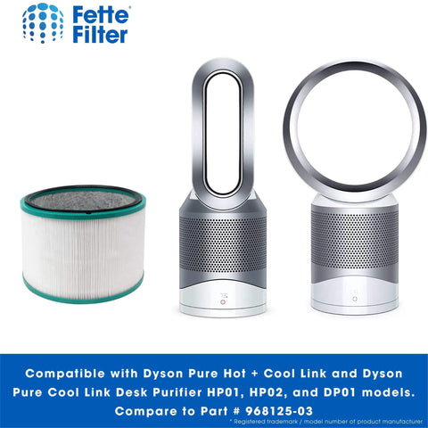 Two Pack Premium 360 Degree Glass Filter For Dyson HP01 HP02 DP01 DP02 Pure Hot Cool Link Desk Air Purifying System Replacement Part 968125 03 96812503 shown with Dyson purifier models