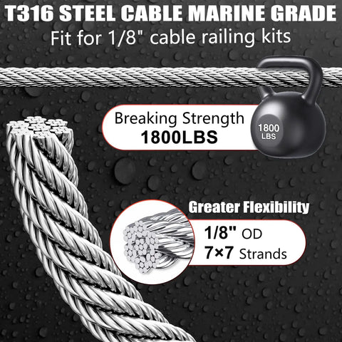 Marine Grade Stainless Steel Cable For Deck Railing And Fence Systems, 220 Feet Long, One Eighth Inch 7x7 Wire Rope With Cutter