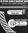 Marine Grade One Eighth Inch T316 Stainless Steel Wire Cable For Railing Kit, 7x7 strand core, 1800 lb breaking strength