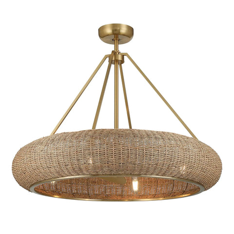 Stunning Handwoven White Seagrass Fandelier Ceiling Fan With No Sweat Remote And Four Warm Brass Shades For A Super Chill Coastal Living Room Refresh, featuring woven seagrass and brass finish.