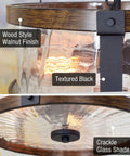 Close-up of Rustic Farmhouse 14 Inch 3 Light Semi Flush Mount Ceiling Light with crackle glass shade and walnut wood finish.