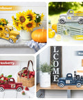 Four seasonal designs of vintage farmhouse trucks with interchangeable magnets for home kitchen shelf decor.