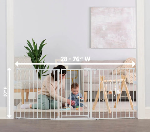 Super Wide Configurable Baby Gate For Doorways And Open Spaces Three Panel Wall Mounted Safety Gate With Door For Babies Toddlers And Pets Expands From 28 To 76 Inches Includes Wall Mount Hardware demonstrating room separation
