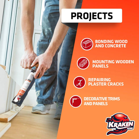 Person using White Heavy Duty Construction Adhesive 12 Pack With Fast Cure And Strong Grab for tile wall panels marble and granite.
