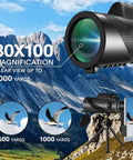 80x100 High Power Monocular Telescope With Smartphone Adapter For Grownups High Definition Clear View For Wildlife Bird Watching Travel Camping And Hiking Ideal For Outdoors Black, mounted on tripod