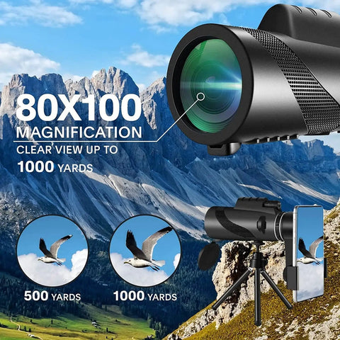 80x100 High Power Monocular Telescope With Smartphone Adapter For Grownups High Definition Clear View For Wildlife Bird Watching Travel Camping And Hiking Ideal For Outdoors Black, mounted on tripod
