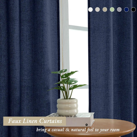 Navy Blue Curtain Set With Light Filtering Faux Linen Texture Two Panels 52W By 90L Rod Pocket Drapes for a cozy home vibe.