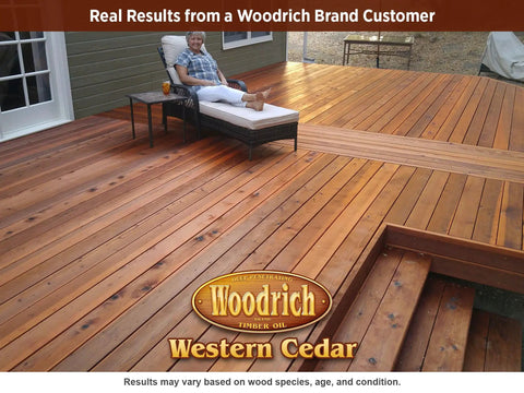 Customer enjoying a wooden deck treated with Hands Down The Best Deep Timber Oil And Wood Stain For Exterior Decks Fences And Cabin Siding In Western Cedar Shuts Out Moisture And Sun Damage While Gliding On Straight With Zero Drips Or Runs.