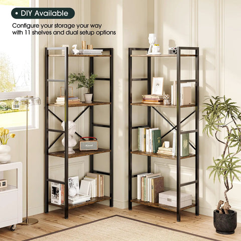 Four Tier Book Shelf With Sturdy Metal Frame Freestanding Modern Bookcase Display Shelves for Living Room Rustic Brown Finish