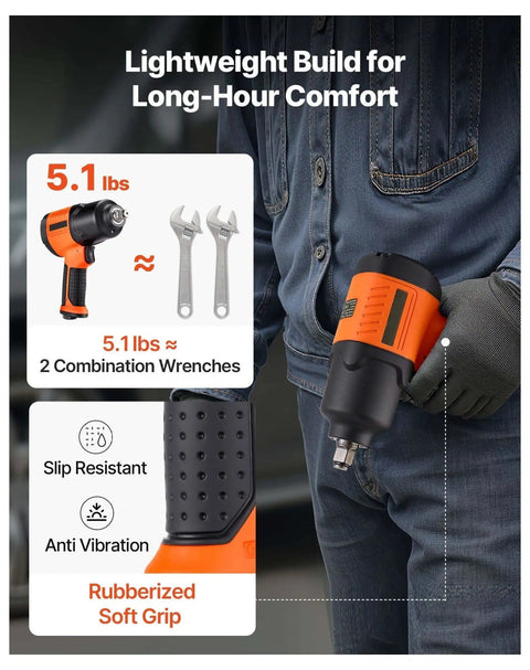 Professional Grade Badass 1/2 Inch Drive Air Impact Wrench With 1100 Ft Lbs Knockout Torque And 7500 RPM Savage Speeds held in a gloved hand.
