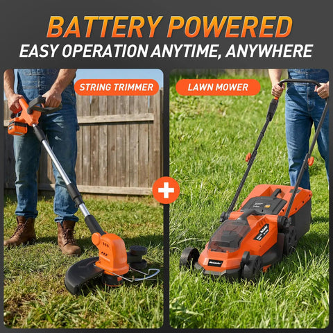 20V Cordless Lawn Mower And 12 Inch Weed Wacker Combo With Two 4Ah Batteries And Charger 13 Inch Deck Large 30L Grass Collection Bag For Easy No Fuss Yard Cleanup, battery powered trimmer and mower
