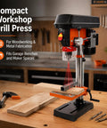 Ridfy 8 Inch Benchtop Drill Press, 5 Speed 770-3410 RPM With Tilt Table for Wood Metal DIY Maker Projects Compact Heavy Duty Desktop Drilling Machine For Hobbyists And Makers set up on a workbench with wood piece.