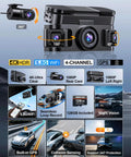 360 View 4K Front Dash Cam With Full Quad Channel Coverage Front Rear Inside Left Right, Built In GPS, 5 GHz WiFi, App Connect