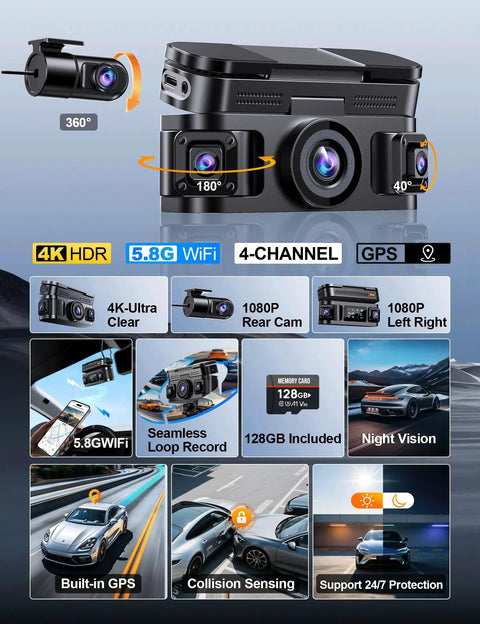 360 View 4K Front Dash Cam With Full Quad Channel Coverage Front Rear Inside Left Right, Built In GPS, 5 GHz WiFi, App Connect